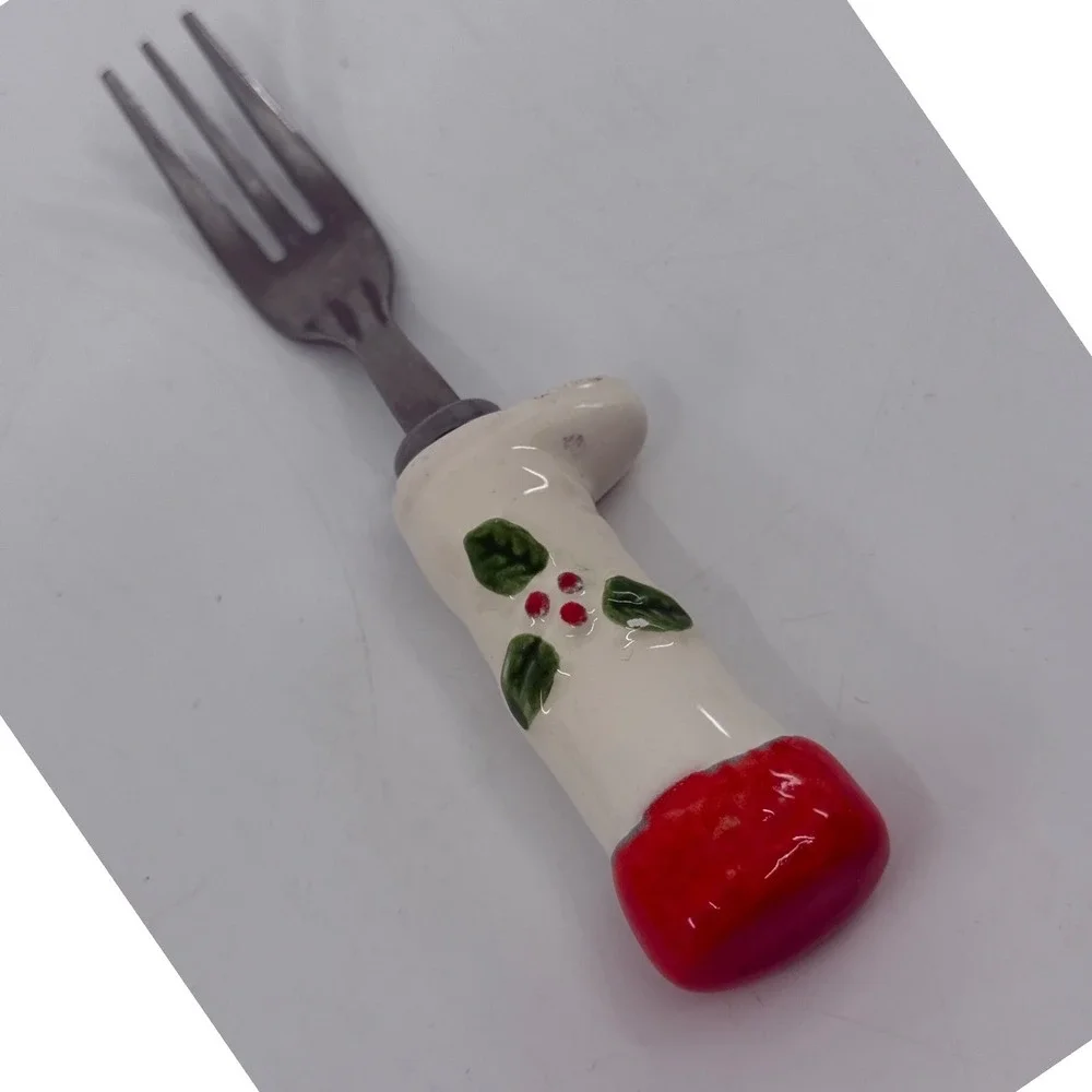 Vintage Christmas Boot Appetizer Fork Stainless Japan Holly Berry Ceramic Handle